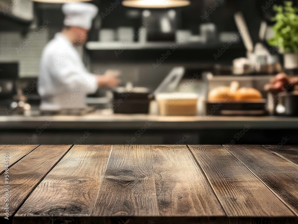 chef in restaurant on background, empty wooden table in restaurant chef in restaurant on background, empty wooden table in restaurant