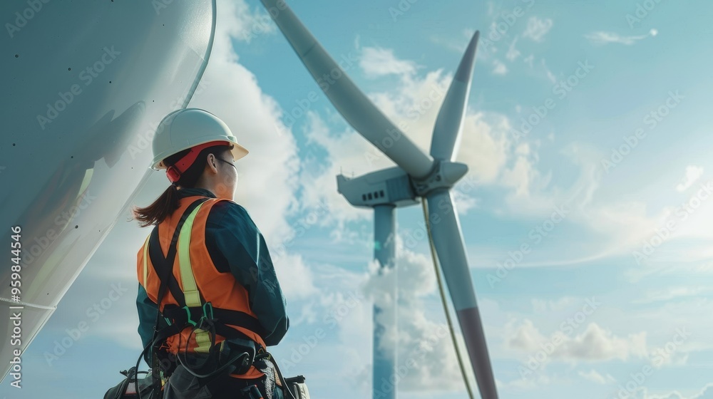 A worker in safety gear stands near a wind turbine, gazing up at the towering blades against a clear blue sky filled with soft clouds. A worker in safety gear stands near a wind turbine, gazing up at the towering blades against a clear blue sky filled with soft clouds.