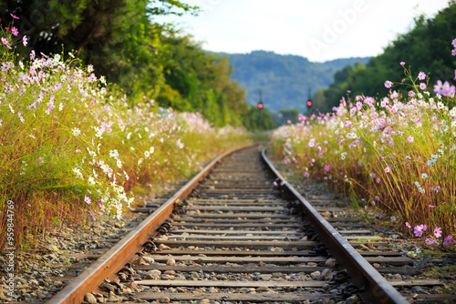 Autumnal view of railroad and cosmos flowers at Bukcheon Station in autumn near Hadong-gun, South Korea  photo