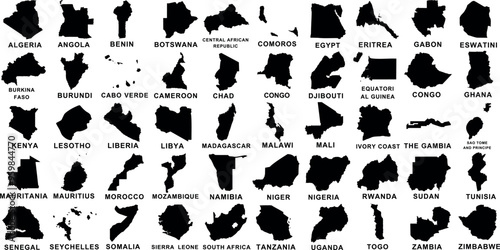 Africa country maps vector silhouette, African map Includes Algeria, Angola, Benin, Botswana, Central African Republic, Comoros, Egypt, Gabon, Eswatini, Ghana, Kenya, Madagascar, Zambia, Zimbabwe
