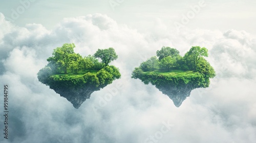 Two floating islands adorned with lush greenery amidst soft, ethereal clouds. photo