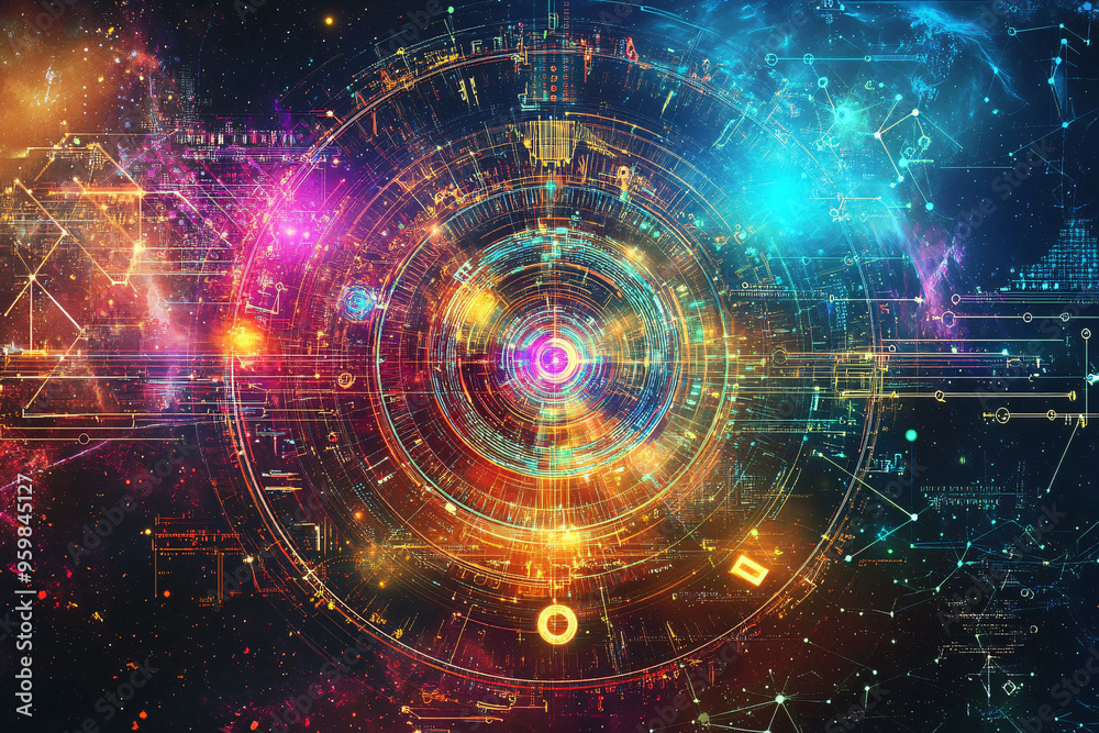 Futuristic glowing circular digital interface in a cosmic nebula backdrop symbolizing advanced technology and exploration
