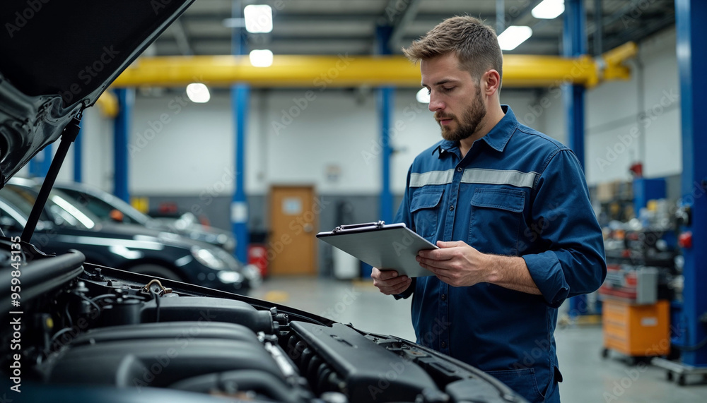 Mechanic inspecting a car engine in a well-organized workshop, bright lighting.
Mechanic inspecting a car engine in a well-organized workshop, bright lighting.