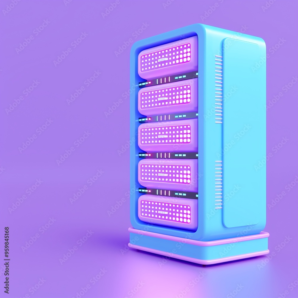 Futuristic server rack with glowing lights on a vibrant purple background, representing modern data technology and network systems. Futuristic server rack with glowing lights on a vibrant purple background, representing modern data technology and network systems.