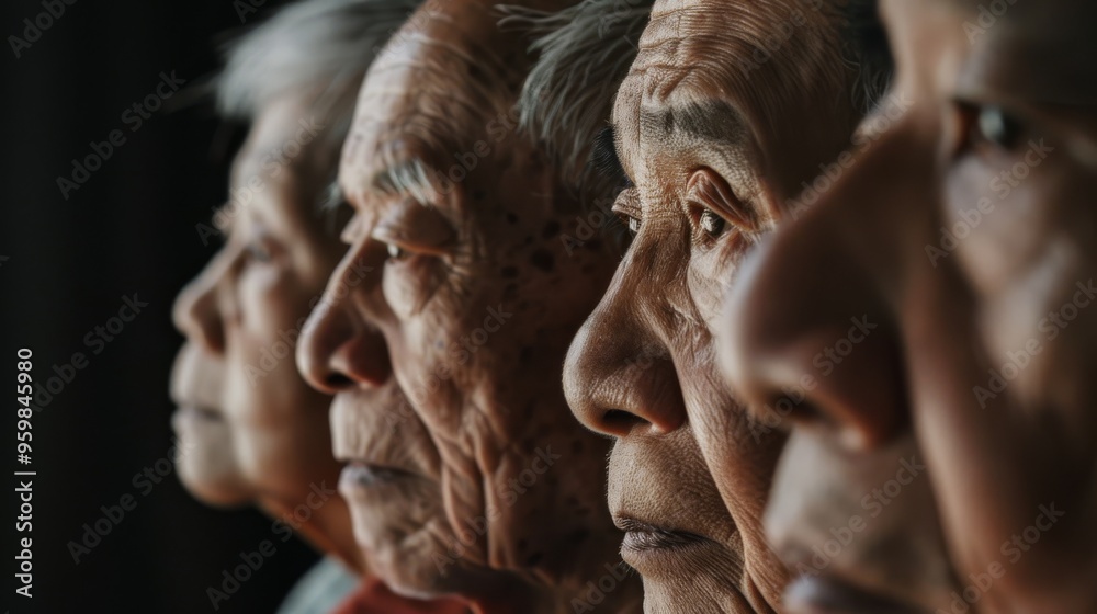 Five elderly individuals gazing forward in solemn contemplation, their faces a testament to enduring life stories and resilience. Five elderly individuals gazing forward in solemn contemplation, their faces a testament to enduring life stories and resilience.