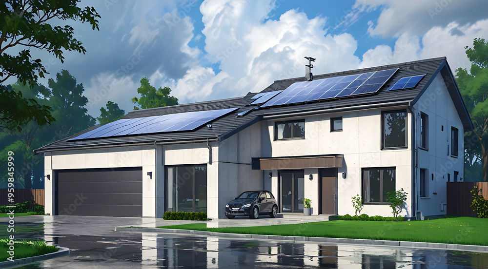 A Modern house with solar panels on roof in a rainy day and cloudy weather, with ample copy space
A Modern house with solar panels on roof in a rainy day and cloudy weather, with ample copy space