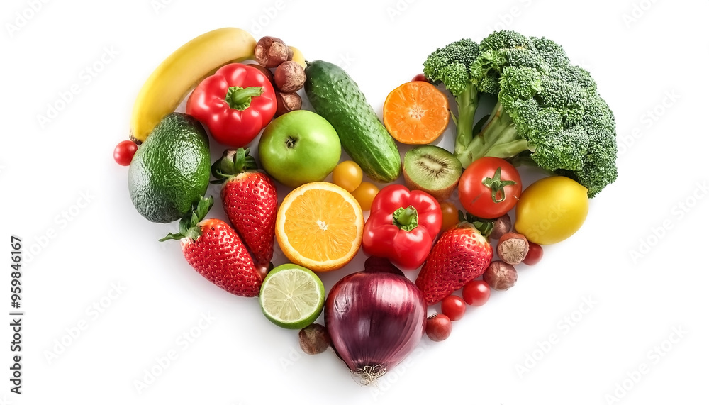 Fruits and vegetables concept, Fruits and vegetables in heart shape on white background Fruits and vegetables concept, Fruits and vegetables in heart shape on white background