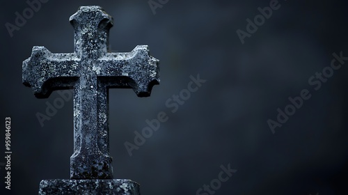 Close-up of a gravestone with an eerie atmosphere, ultra-sharp focus, solid dark grey background photo