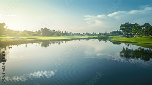 A serene lake reflects the clear sky and surrounding greenery, capturing the tranquility of nature under a soft morning light.