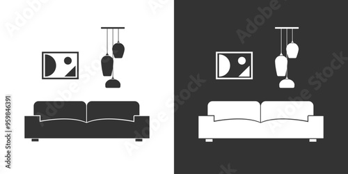 Living room icon isolated on black and white background. Furniture symbol
