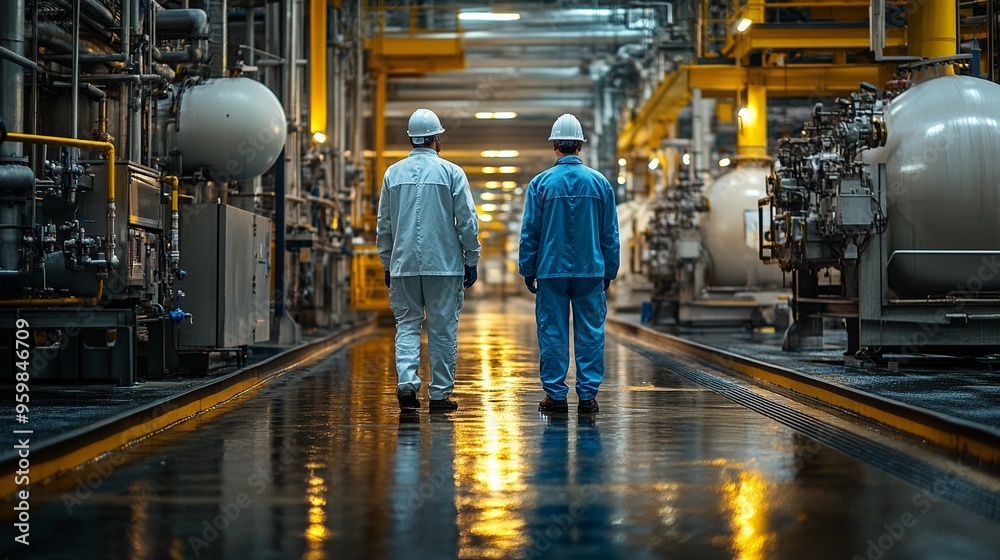 Powering Progress: Two engineers traverse the illuminated heart of a modern power plant, their expertise driving industrial innovation. Powering Progress: Two engineers traverse the illuminated heart of a modern power plant, their expertise driving industrial innovation.
