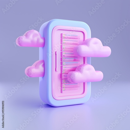 Surreal 3D conceptual art with floating pink clouds around device on pastel background, symbolizing cloud computing and technology. photo