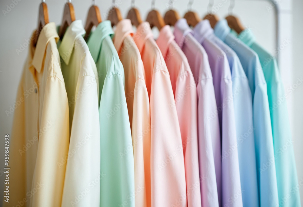 Pastel-colored shirts hanging in a gradient on a clothing rack. Pastel-colored shirts hanging in a gradient on a clothing rack.