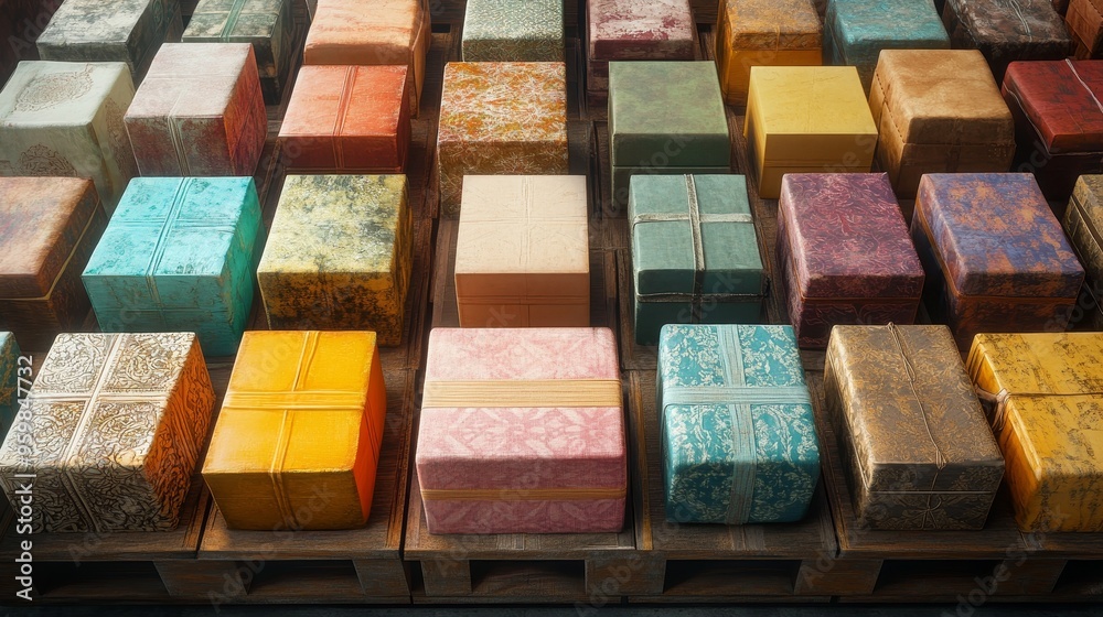 Colorful boxes arranged on a wooden pallet, viewed from above, with a soft glow and intricate patterns, representing varied inventory in a surreal fantasy style, Pastel, Fantasy, Isometric Colorful boxes arranged on a wooden pallet, viewed from above, with a soft glow and intricate patterns, representing varied inventory in a surreal fantasy style, Pastel, Fantasy, Isometric