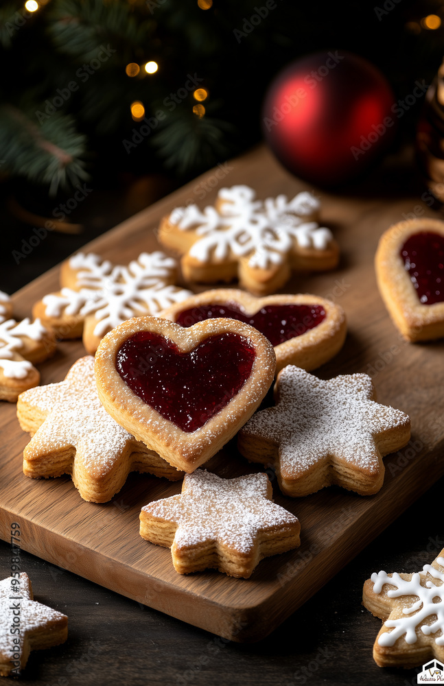 heart-shaped and star-shaped linzer cookies with jam dusted with sugar for Christmas sweets. heart-shaped and star-shaped linzer cookies with jam dusted with sugar for Christmas sweets.