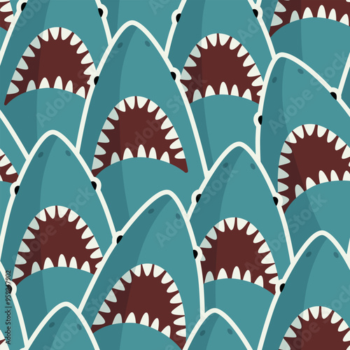 Seamless pattern of shark open mouth with sharp teeth. Background of face predatory fish. Marine vector flat design for print