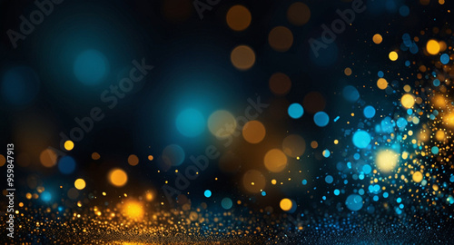 Abstract Lights, Blue Gold Shimmer, Elegant Background, Festive Glow, Glittering Lights