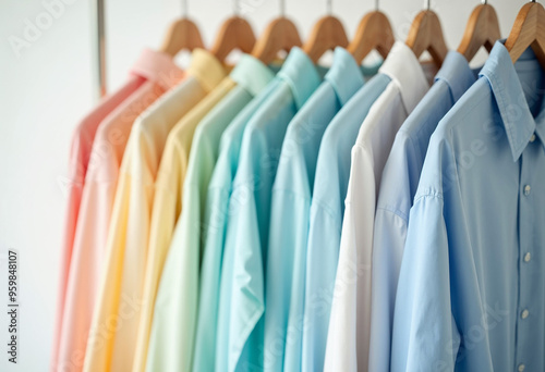 Pastel-colored shirts hanging in a gradient on a clothing rack. photo