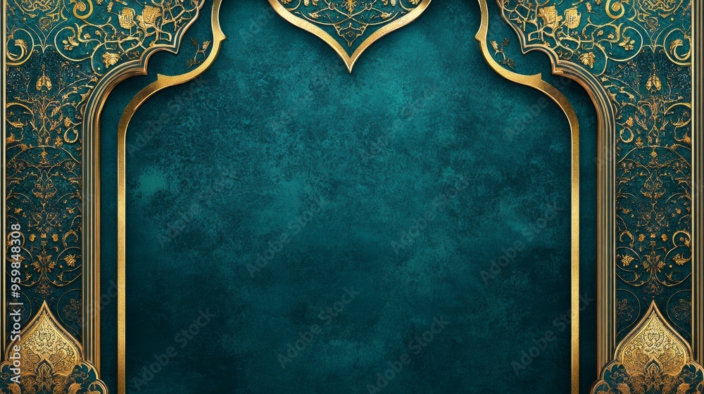 Blue Islamic background with golden ornament border pattern and green color, ramadan background concept Blue Islamic background with golden ornament border pattern and green color, ramadan background concept