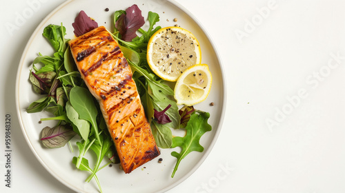 Elegant Grilled Salmon on Minimalist Plate with Fresh Greens and Lemon Slices, Highlighting Healthy Eating