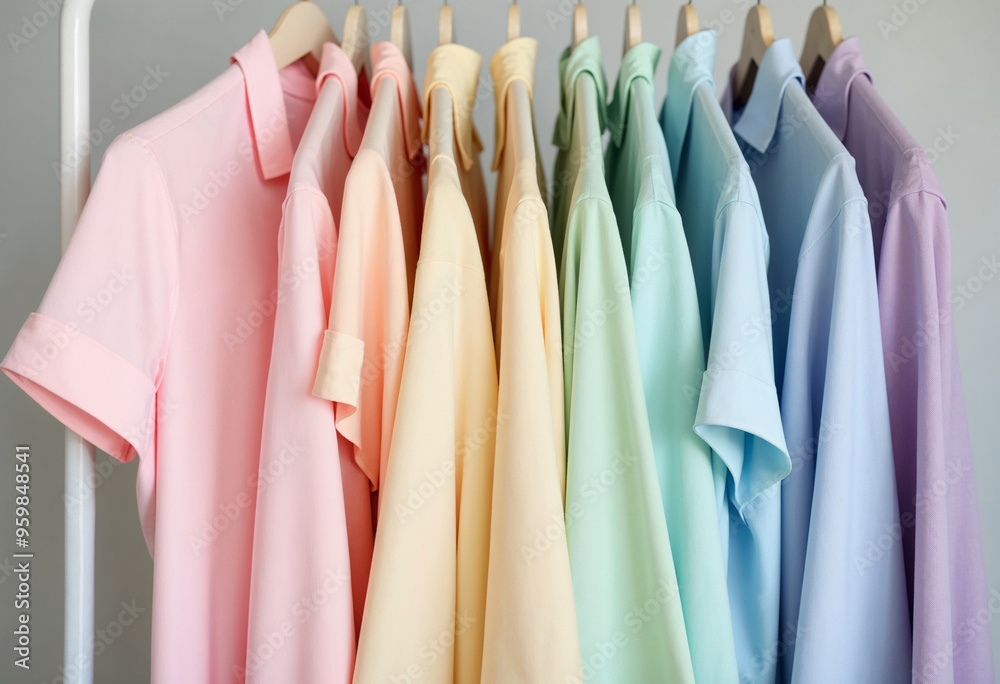 Pastel-colored shirts hanging in a gradient on a clothing rack. Pastel-colored shirts hanging in a gradient on a clothing rack.
