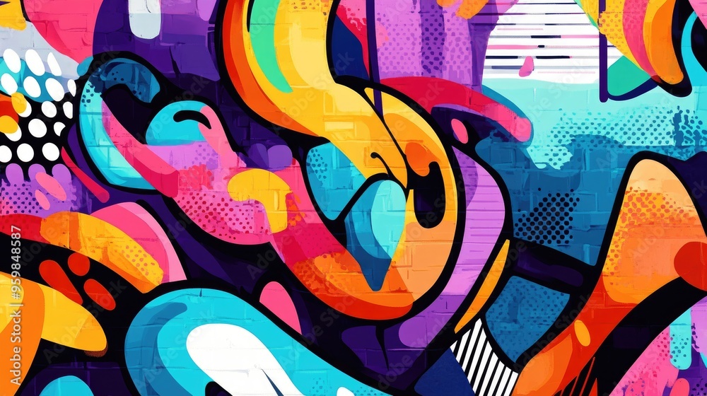 Fototapeta premium Abstract Urban Art with Vibrant Colors and Geometric Shapes on Brick Wall