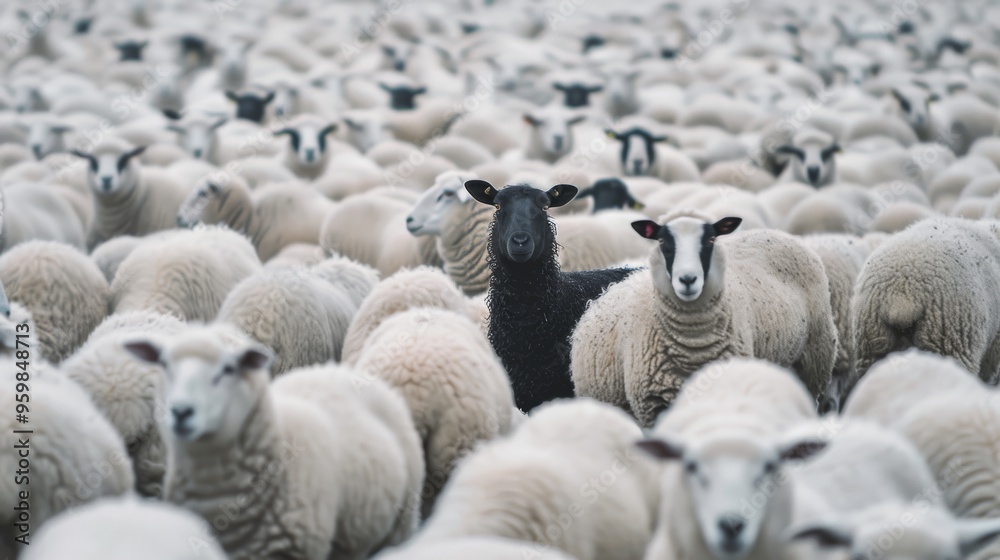 A sheep with dark wool stands out prominently in the middle of a flock of white sheep, symbolizing individuality and difference. A sheep with dark wool stands out prominently in the middle of a flock of white sheep, symbolizing individuality and difference.