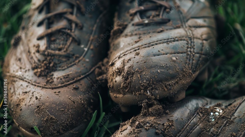 Mud-covered soccer cleats resting on grass, showcasing the grit and roughness of a recently played intense game. Mud-covered soccer cleats resting on grass, showcasing the grit and roughness of a recently played intense game.