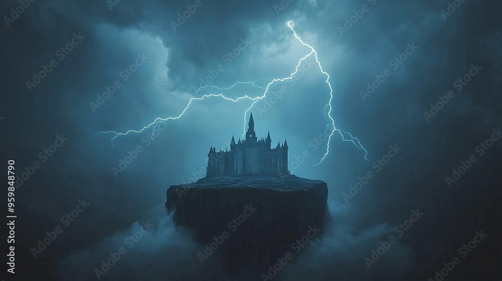 Fototapeta premium A haunting castle atop a floating island, illuminated by dramatic lightning against dark stormy clouds.