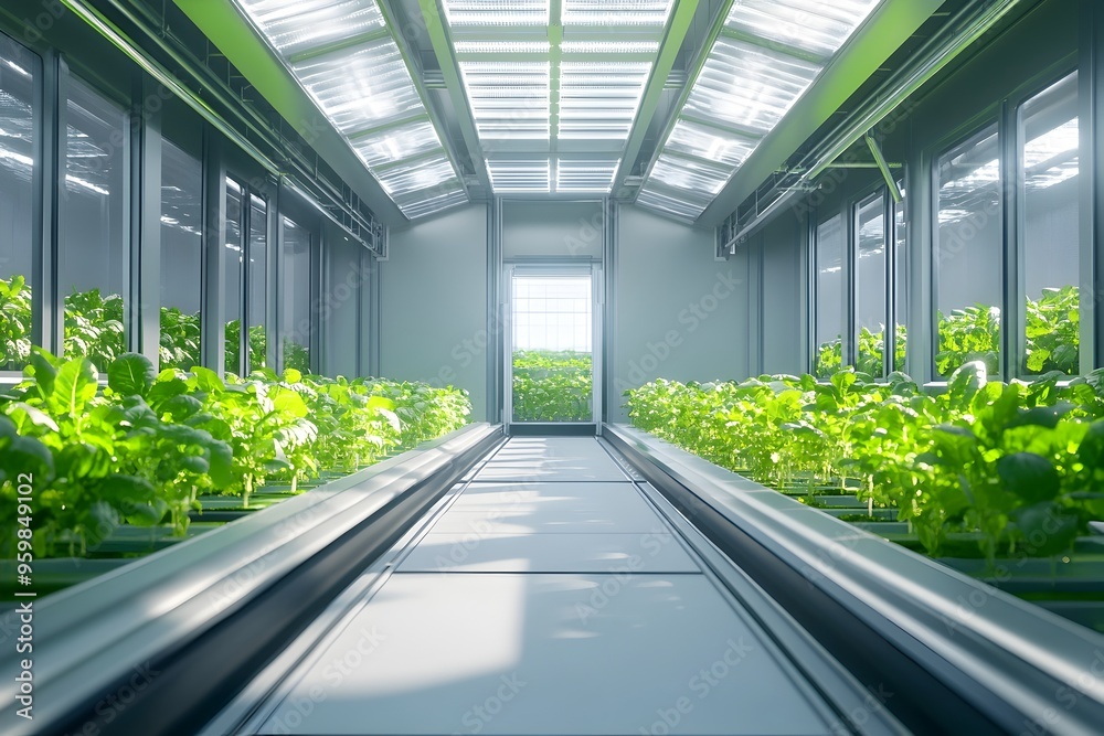 Futuristic Vertical Farming in High Tech Greenhouse with Hydroponic Systems and LED Grow Lights