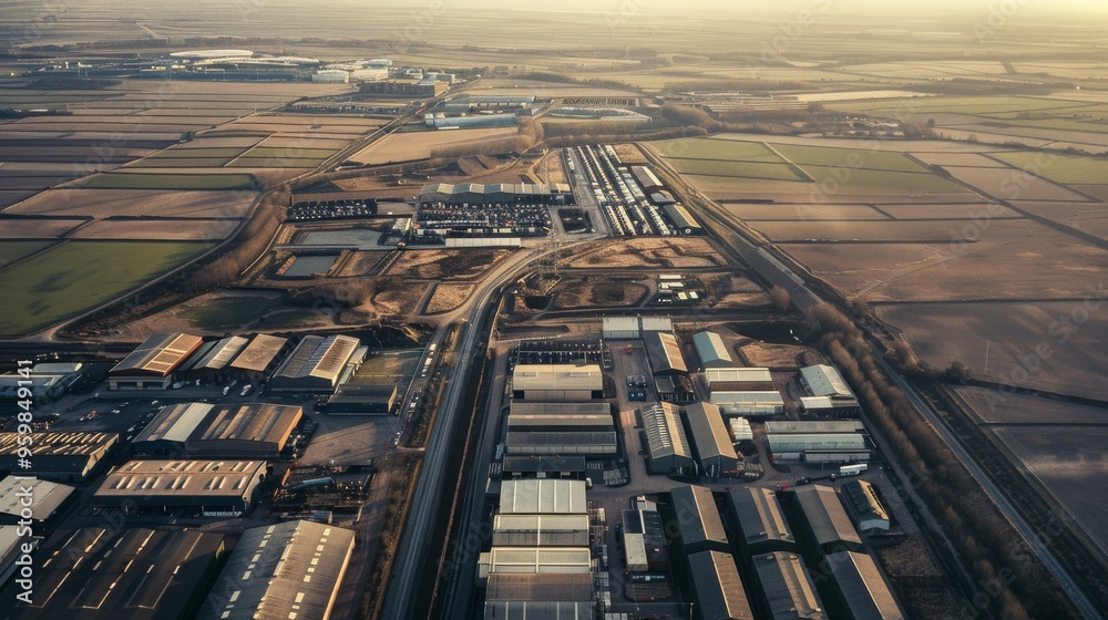 Fototapeta premium A broad view of an expansive industrial complex surrounded by fields, showcasing the contrast between industry and rural landscape.