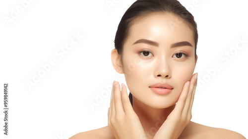 Beautiful young asian woman with clean fresh skin on transparent background PNG. 