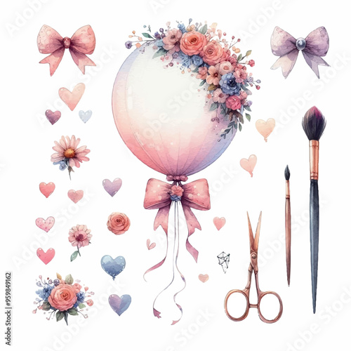 Watercolor illustration with pastel balloon and crafting tools with floral