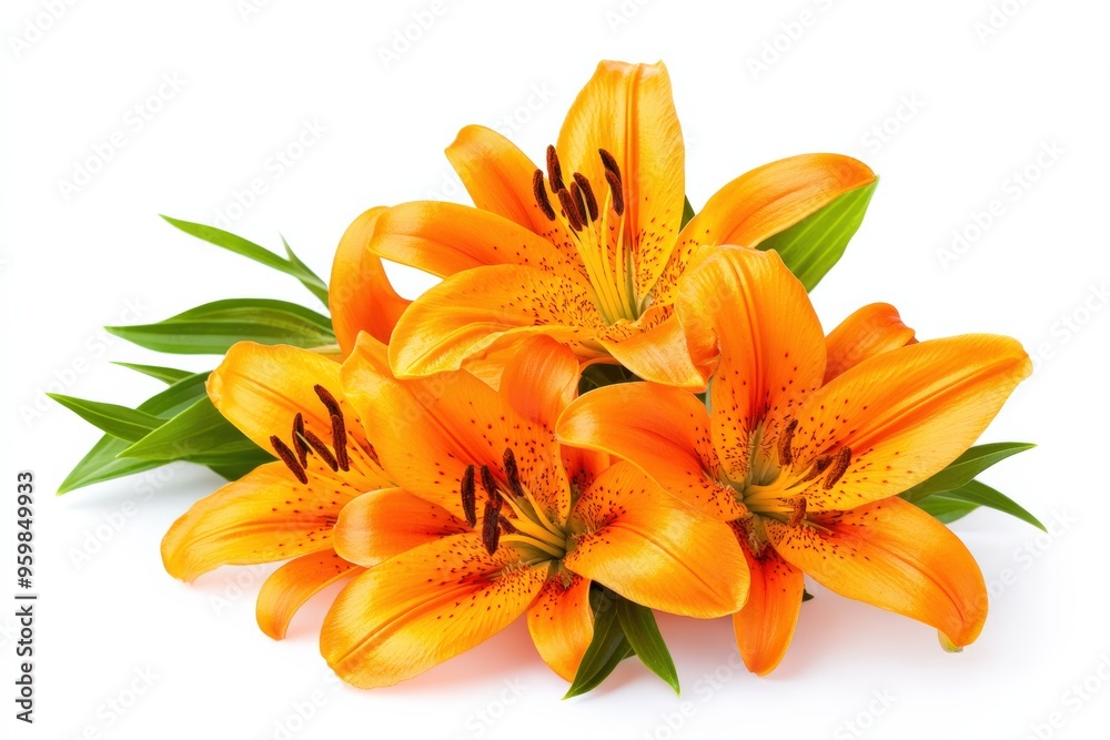 Orange Lilies. Bouquet of Flowers in Autumn. Nature's Aroma in Yellow and Orange. Isolated on White Background Orange Lilies. Bouquet of Flowers in Autumn. Nature's Aroma in Yellow and Orange. Isolated on White Background