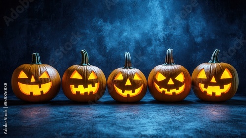 A collection of carved pumpkins illuminated from within, showcasing spooky faces against a moody blue background.