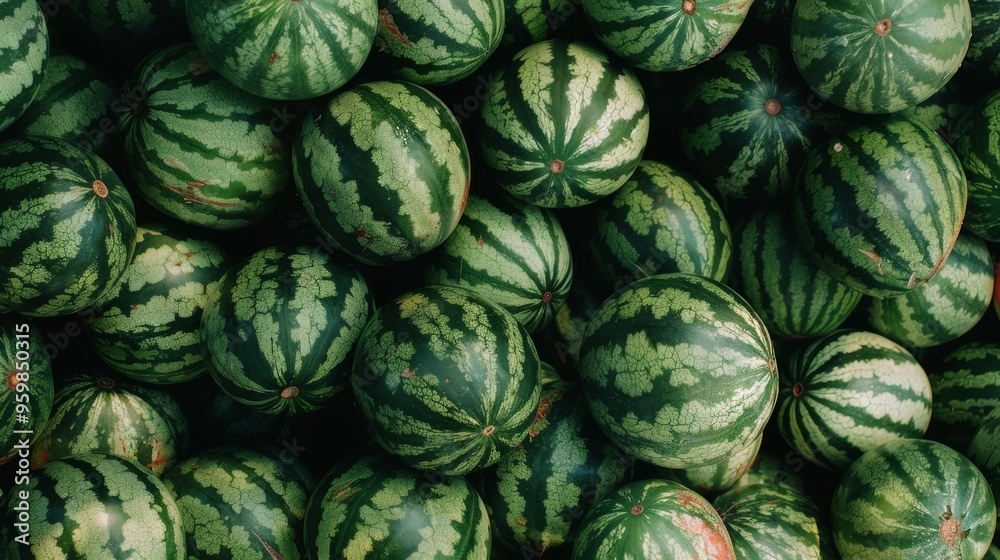 An abundance of whole watermelons with dark green stripes, stacked together, showcasing their freshness and natural abundance. An abundance of whole watermelons with dark green stripes, stacked together, showcasing their freshness and natural abundance.