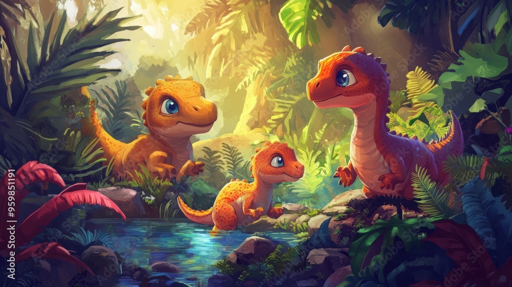 Three adorable dinosaurs play in a lush jungle setting. Three adorable dinosaurs play in a lush jungle setting.