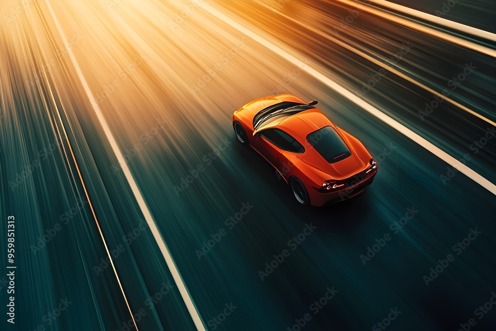 Naklejka premium A high performance sports car speeding down an empty highway with motion blur capturing the intense