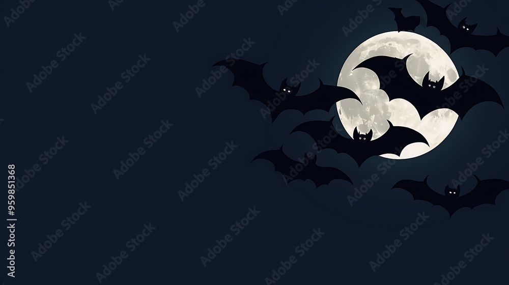 Fototapeta premium Halloween bats flying in the night sky with a full moon, ultra-sharp focus, solid navy blue background