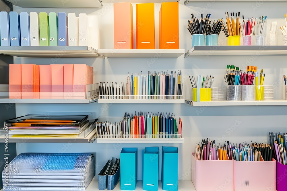 Organized Office Supplies on Retail Shelves with Vibrant Color Palette Organized Office Supplies on Retail Shelves with Vibrant Color Palette