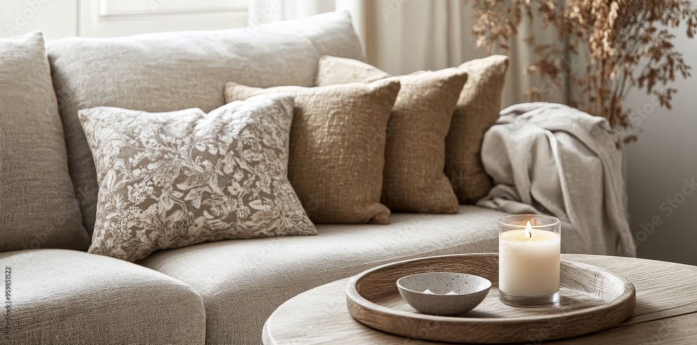 Cozy Living Room Interior Design with Pillows and Candle. Cozy Living Room Interior Design with Pillows and Candle.