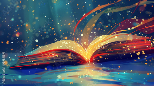 open magical old book. open book with magical glow Close-up illustration of an open Pop-up style book coming to life. International book day concept