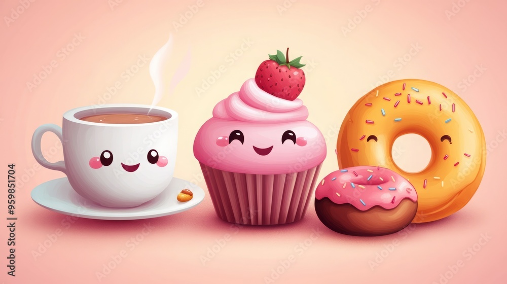 Cute cartoon coffee, cupcake, and donuts! Cute cartoon coffee, cupcake, and donuts!