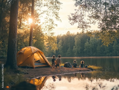 Golden Hour Camping: A family of four enjoys a serene sunset by the lake, their tent pitched nearby. The warm glow of the evening sun bathes the scene in a tranquil, picturesque light. photo