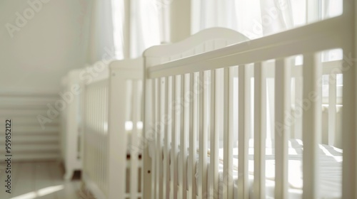 An airy, sunlit room filled with white cribs arranged neatly in two rows, evoking a sense of calm and preparation for new arrivals.