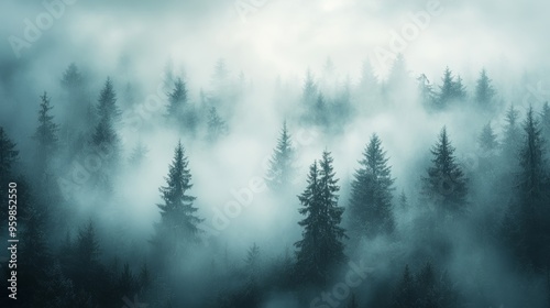 Ethereal Fog Envelopes Ancient Forest: A breathtaking view of a dense, ancient forest shrouded in a mystical veil of fog, creating an atmosphere of serenity and mystery. The towering trees.