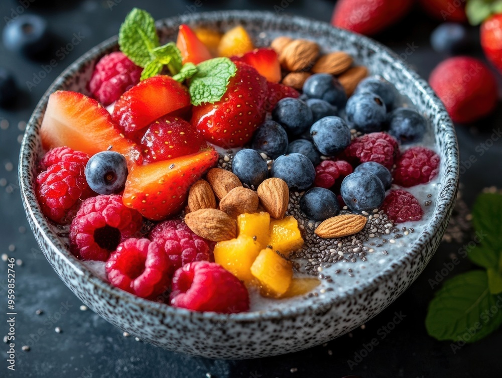 Delicious Healthy Breakfast Bowl with Berries  Mango  Chia Seeds  Almonds and Mint