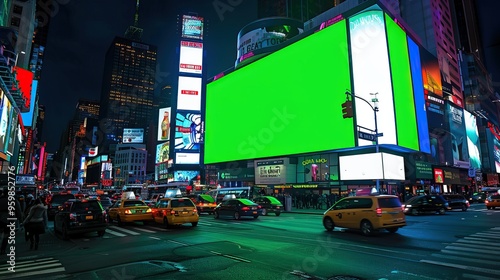 Times Square at Night with Green Screen Billboard