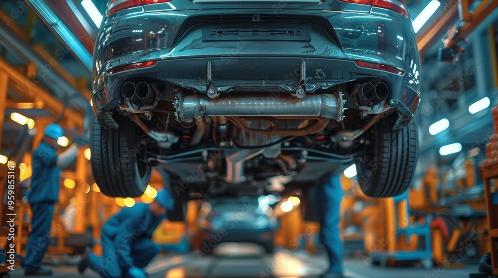 Fototapeta premium Mechanics Working Diligently Under a Suspended Vehicle in an Automotive Workshop Environment