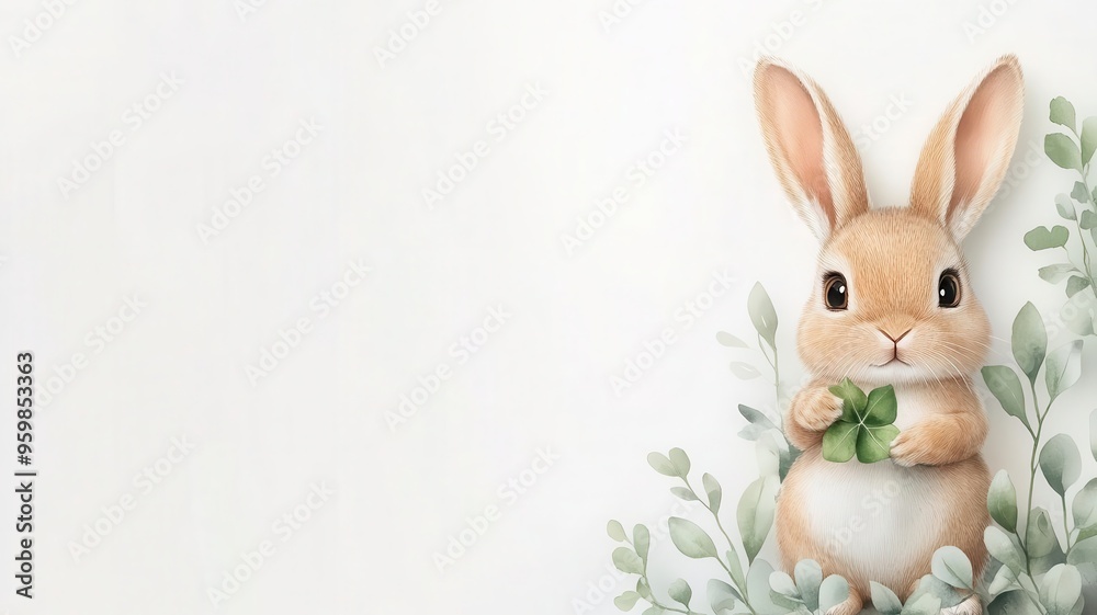 Bunny holding a tiny leaf umbrella, surrounded by soft greenery, watercolor nature illustration, white background with plenty of space for text Bunny holding a tiny leaf umbrella, surrounded by soft greenery, watercolor nature illustration, white background with plenty of space for text